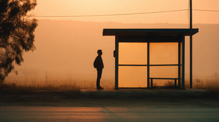 Silhouette traveler bus stop rural sunrise fog waiting solitary road calm dawn orange mist countryside shelter backpack male
