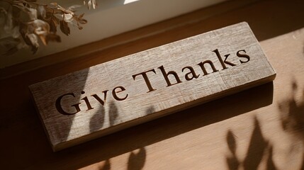 A close-up view of a rustic wooden sign that reads "Give Thanks," bathed in natural light, showcasing the warm tones of the wood grain and the gentle shadows cast by the sunlight.