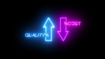 Glowing neon Cost and quality control concept. Percentage icon of quality Successful organization strategy and management. Percentage icon of quality with up arrow and cost with down arrow.