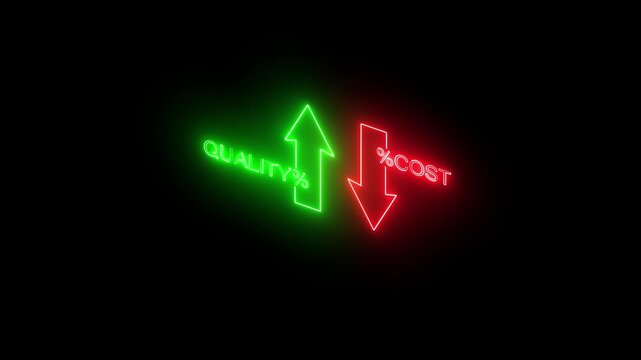 Glowing neon Cost and quality control concept. Percentage icon of quality Successful organization strategy and management. Percentage icon of quality with up arrow and cost with down arrow.
