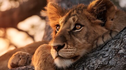 Fototapeta premium A young lion cub rests peacefully on a tree branch, bathed in the warm glow of the setting sun.