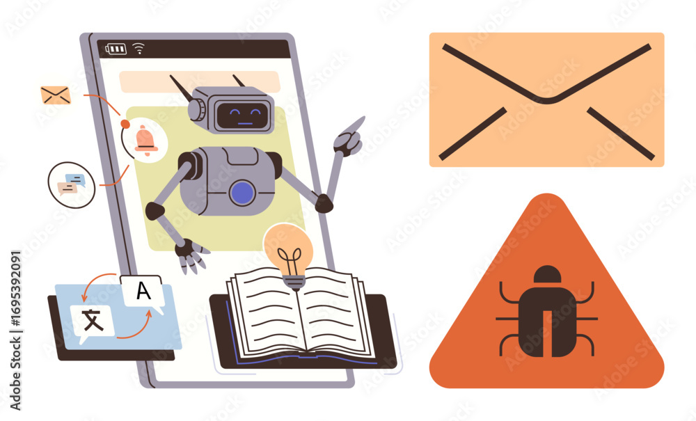 Poster robot on a smartphone managing emails, translating text, reading data, detecting a bug. ideal for ai