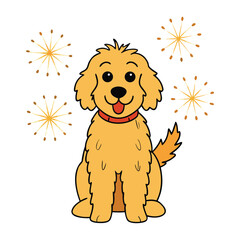 A playful Goldendoodle gazes in awe at the night sky as colorful fireworks burst above, capturing the joy, warmth, and wonder of a festive celebration.
