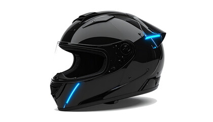 Fototapeta premium Sleek black motorcycle helmet with blue LED lighting for safety and modern design appeal