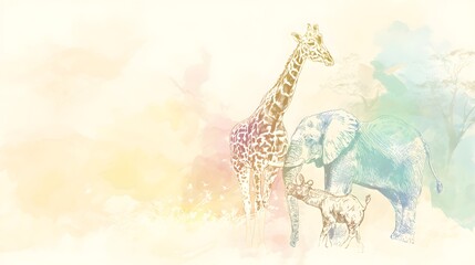 Watercolor safari animals in soft pastel tones, featuring gentle elephant and giraffe illustrations.