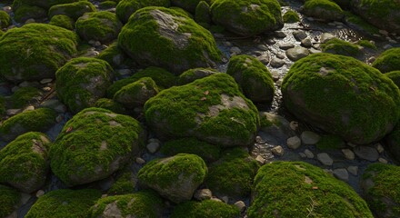 Rocks with green moss and small rocks in a stream