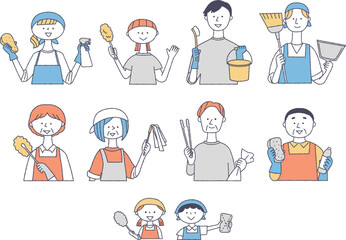 掃除道具を持つ人々のセット
