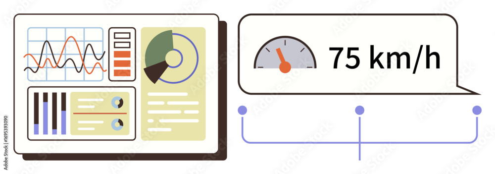 Poster data graphs, pie chart, and controls on a dashboard paired with a speedometer indicating 75 kmh. ide