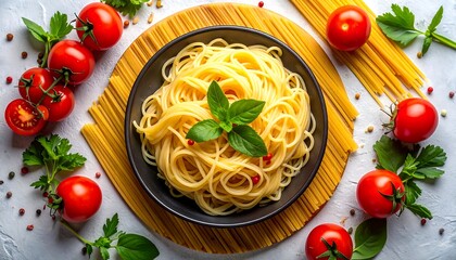 Overhead view of a pasta dish with ingredients