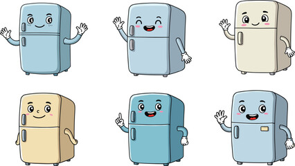Cute cartoon refrigerator illustration with happy face, kawaii fridge characters, funny kitchen appliance design, adorable comic household art, vector
