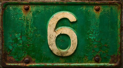Close-up of a weathered green metal sign displaying the number six.