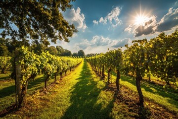 Fototapeta premium Sunny Vineyard Rows with Lush Green Grapevines under a Bright Blue Sky