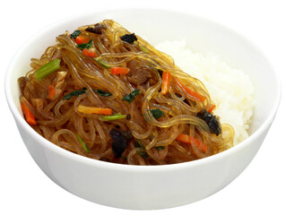Korean Japchae Noodle Rice Bowl with Vegetables