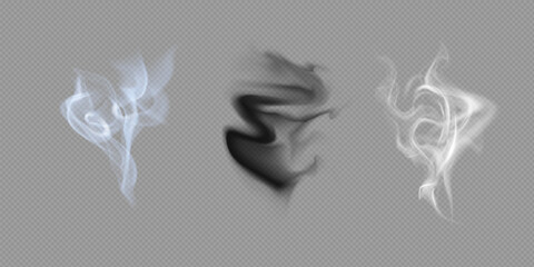 Realistic white cloud or fire smoke in the sky and vector weather element on transparent background. Chimney smoke, fog wave or cloud pattern with overlay effect. Cloud art or smoky air illustration.