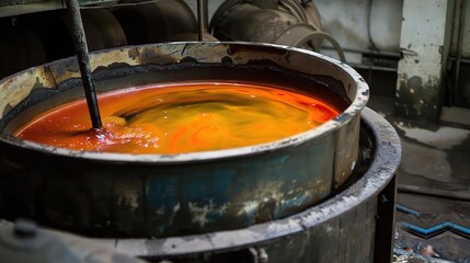 Dye vat with a large cylindrical metallic body in dark blue or gray, used in a textile factory to mix and heat dye for coloring fabrics like cotton or polyester, equipped with a stirring mechanism and