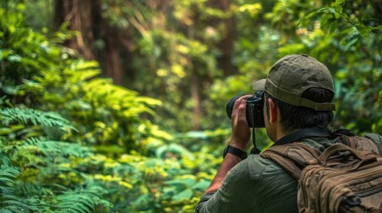 Nature photography day image, Tourist photographer taking picture of nature, wildlife photographer exploring jungle, adventure travel and tours concept image