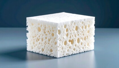 Clean  Textured White Sponge Cube with Closeup on Blue Background.