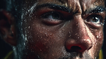 Close up professional athlete under heavy sweat concept. Close-up of an athlete's focused expression and sweat-drenched skin.