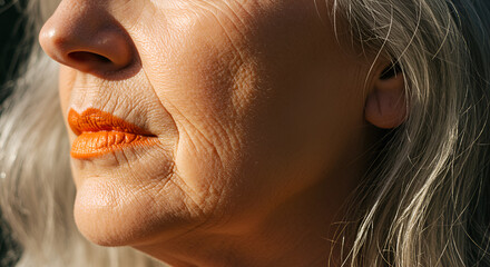 Close-up of Woman's Face with Orange Lipstick and Gray Hair