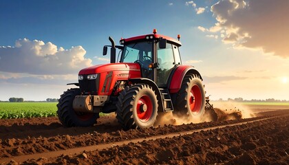 Fototapeta premium A vibrant red tractor plows a field of rich soil under a beautiful sunset sky.
