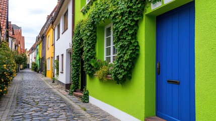 Fototapeta premium Colorful House Facades in Quaint Cobblestone Alleyway Scene
