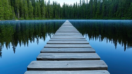 Fototapeta premium Serene Wooden Pier Leading to Calm Reflections in Forest Lake