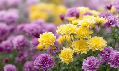 Obraz premium A Vibrant Bloom of Yellow and Purple Chrysanthemums Creating a Colorful and Lush Flower Garden Scene. generative aI