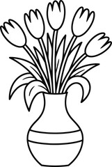 Black and White Line Art of Tulips in a Vase