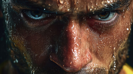 Close up professional athlete under heavy sweat concept. Intense close-up portrait of a determined athlete with sweat.