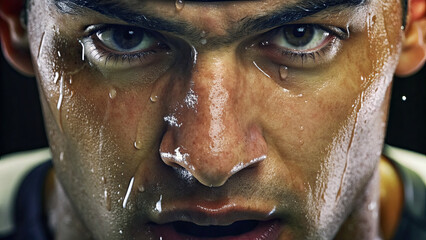 Close up professional athlete under heavy sweat concept. Intense portrait of an athlete showing determination and focus.