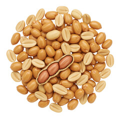 Pile of shelled peanuts and one open peanut pod isolated on transparent background