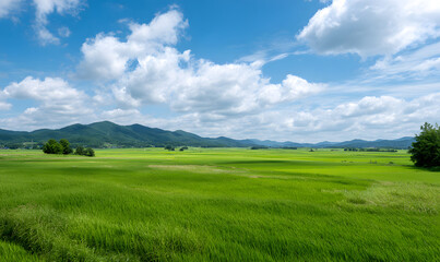 Fototapeta premium A Lush Green Paddy Field Under a Clear Blue Sky with White Fluffy Clouds on a Bright Sunny Day. generative aI