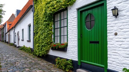 Obraz premium Charming Green Doorway with Ivy in Picturesque Cobblestone Street