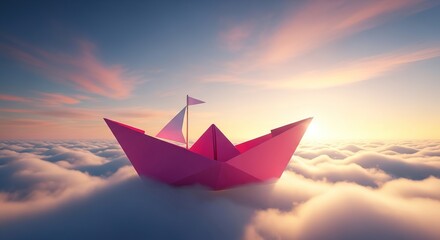 Pink Paper Boat Sailing Above Fluffy Clouds at Sunset, Dreamlike