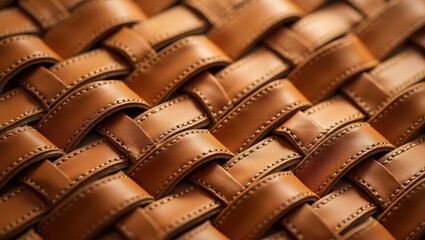 Naklejka premium Close-up view of a complex woven leather pattern, showcasing the intricate details of the stitches and the rich, warm tones of the leather material.