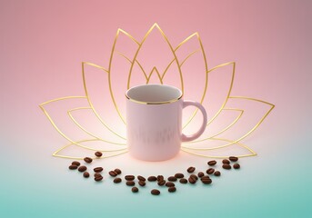 A pink mug with gold trim on a lotus flower with coffee beans on a pink and blue background