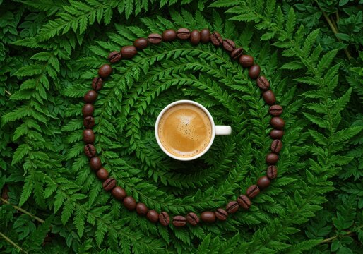 A cup of coffee surrounded by coffee beans on a bed of green fern leaves arranged in a circle shape