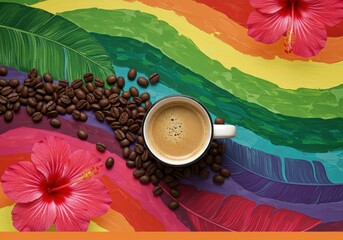 Overhead shot of coffee cup with beans and hibiscus flowers on rainbow painted background surface art