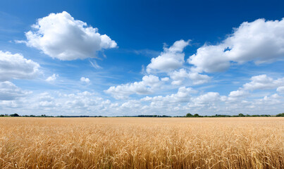 A Vast Golden Wheat Field Under a Bright Blue Sky with Fluffy White Clouds on a Sunny Day. generative aI