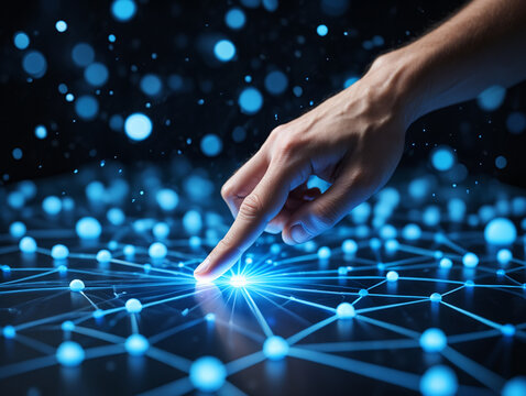 Hand touching glowing network, symbolizing digital connection.