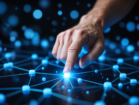 Hand touching glowing network, symbolizing digital connection.
