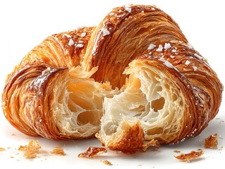 A freshly baked and broken croissant displays its flaky layers topped with sprinkled sugar on a white background.