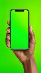 Dark skinned hand holding a generic smartphone with a bright green screen against a solid green background.