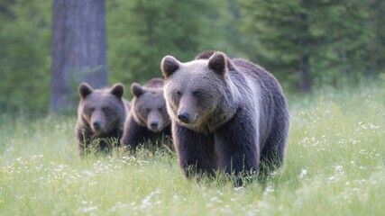 Fototapeta premium Foraging in wildflower meadow, brown bear family moves through soft light, calm mood, spring nature scene