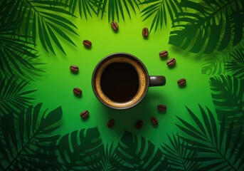 A cup of coffee surrounded by coffee beans and palm leaves on a vibrant green background view from above