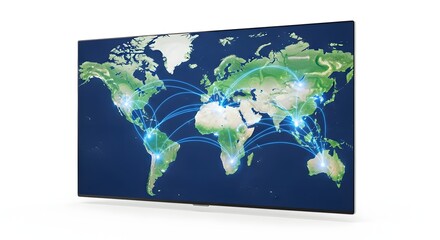 Large Flat Screen Television Displaying Digital World Map with Connectivity Lines