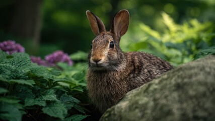 Fototapeta premium Wild rabbit brown fur woodland green foliage soft light alert nature summer foraging in wildflower meadow with gentle calm mood