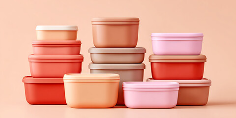 Colorful Stacking Containers on a Soft Pink Background Showcasing Various Sizes and Shapes for Organizing Food and Items