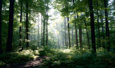 Fototapeta premium Peaceful dense pine forest with sunlight filtering through tall trees lush green moss and undergrowth serene natural woodland atmosphere. generative aI