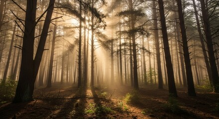 Obraz premium Sunbeams Through a Misty Pine Forest